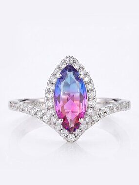 Pink Blue Marquise Gemstone Wishbone ring, 925 Sterling Silver